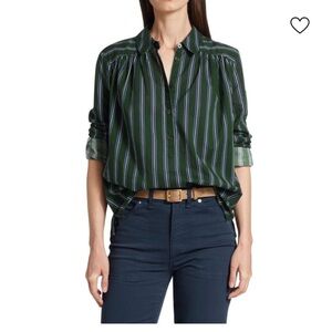 Veronica Beard Dark Green Striped Button Down Shirt